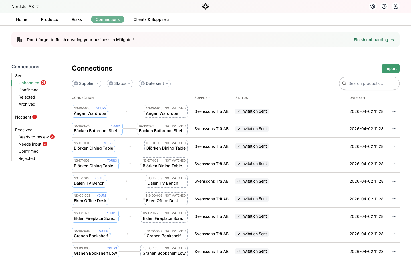 Connections page showing Sent Unhandled view with invitation sent statuses